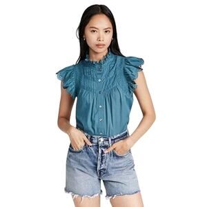 Sea New York Teal Pintuck Ruffle-Sleeve Blouse